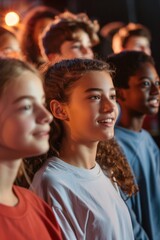 Fototapeta premium 22. Portrait of a diverse group of students preparing for a school play, creative environment, focused expressions, well-lit stage