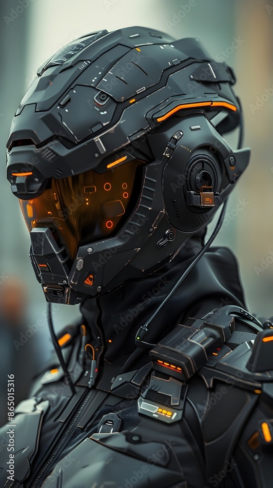 Wall mural Futuristic Operative in Advanced Exosuit Eliminating Rogue Sentry Units for Resistance Extraction