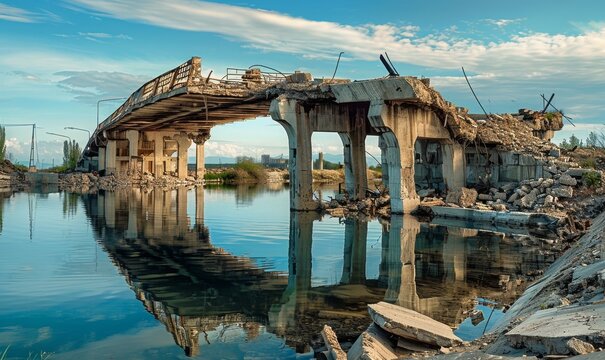 photograph of an old bridge collapsed and surrounded by rubble on the shore of water, reflecting the blue sky and clouds, depicting urban decay and broken structures - Powered by Adobe