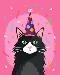 Portrait of a cute fluffy black cat with green eyes. Сat in a festive cap. Birthday card. Pink background, multicolored confetti. Cute cartoon illustration.