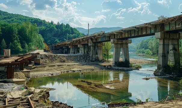 post-apocalyptic overpass in Doha, partially collapsed and filled with debris, urban decay and natural elements like desert sand and blue sky