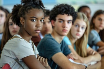 Fototapeta premium 39. Portrait of a diverse group of students participating in a classroom debate, high detail, photorealistic, focused expressions
