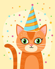 Сute orange kitten in a festive cap. Red cat with big green eyes. Light yellow background, multicolored confetti. Birthday card. Cute cartoon illustration.