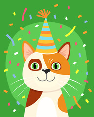 Portrait of a funny cat in a festive cap. Calico cat smiles. Bright green background, multicolored confetti. Birthday card. Cute cartoon illustration.