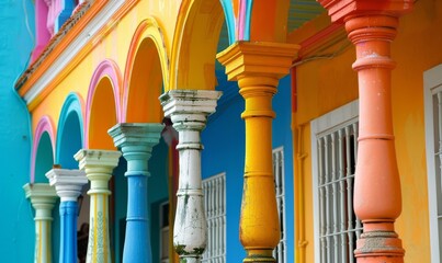 colorful columns and arches of an old colonial building in the city center on a sunny day in a Caribbean island country
