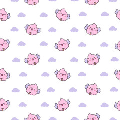 Cute kawaii cotton candy with a smile. Seamless pattern. Sweet sugar cartoon food character. Hand drawn style. Vector drawing. Design ornaments.