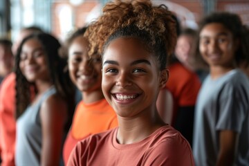 Fototapeta premium 45. Portrait of a diverse group of students engaging in a physical education class, high detail, photorealistic, cheerful mood
