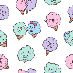 Cute kawaii cotton candy with a smile. Seamless pattern. Sweet sugar cartoon food character. Hand drawn style. Vector drawing. Design ornaments.