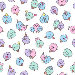 Fototapeta premium Cute kawaii cotton candy with a smile. Seamless pattern. Sweet sugar cartoon food character. Hand drawn style. Vector drawing. Design ornaments.