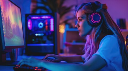 Cyber sport girl gamer wearing headphones playing video game at computer in neon light. The concept of cybersport