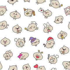 Cute dumplings characters with different facial expressions. Seamless pattern. Chinese food. Hand drawn style. Vector drawing. Design ornaments.