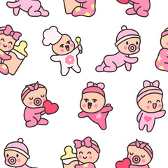 Cute baby girl. Seamless pattern. Cartoon little newborn character. Hand style. Vector drawing. Design ornaments.