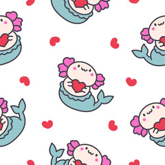 Cute kawaii axolotl mermaid. Seamless pattern. Cartoon fantasy animal characters. Hand drawn style. Vector drawing. Design ornaments.