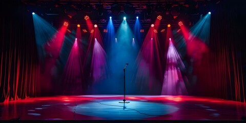 Spotlight on the Comic Stage Performers Delivering Punchlines with Bright Lights and Centered Microphone. Concept Comedy Stage, Bright Lights, Microphone, Punchlines, Performers