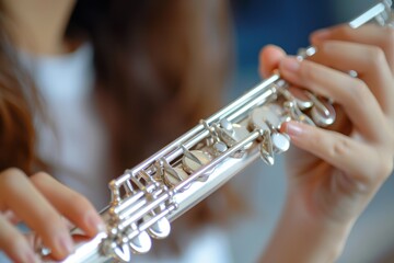 69. Close-up of a student's hands playing a musical instrument, high detail, photorealistic, bright music room, focused action