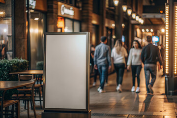Fototapeta premium Display white blank screen or signboard mockup for offers or advertisement in public area with blurred people at late night.