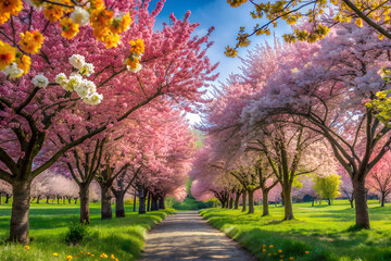 Naklejka premium The spring has come. The trees are blooming with Sakura blossoms pink Sakura flowers on a branch, green meadow, sunset.