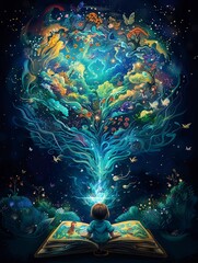 A child reading a fairy tale book with characters coming to life around them, Magical, Bright, Illustration, Imaginative scene © Thanadol