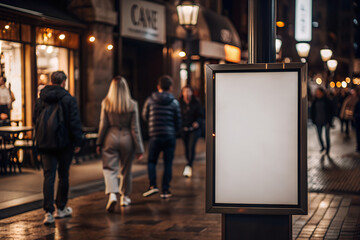 Display white blank screen or signboard mockup for offers or advertisement in public area with blurred people at late night.