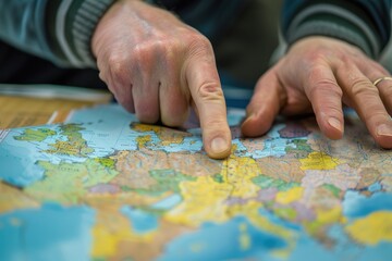 Fototapeta premium 78. Close-up of a teacher's hands pointing at a map, high quality photo, photorealistic, focused action, classroom environment