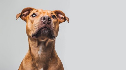 Obraz premium Red American Staffordshire Terrier with cropped ears sitting indoors against a white background