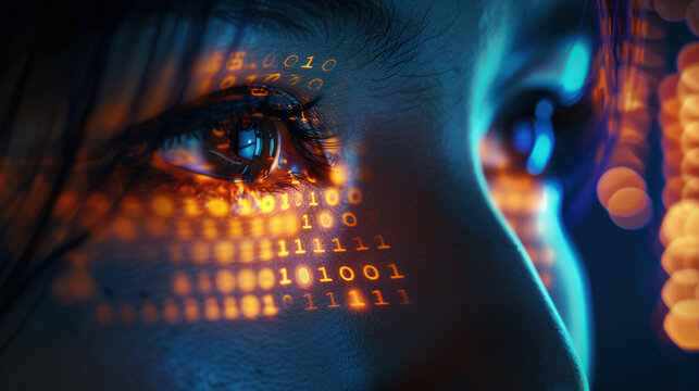 gros plan sur un visage avec un code de données numériques orange projeté sur sa peau