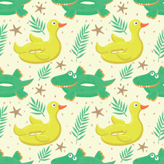 Seamless pattern with green inflatable crocodile and yellow duck. A float for the pool. Inflatable colorful crocodiles and a duck. A swimming circle. Vector template for your summer beach design