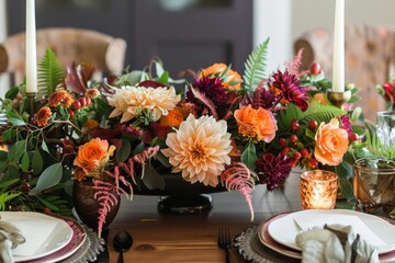 A table adorned with a vase filled with fresh flowers, creating a lovely centerpiece, A Thanksgiving centerpiece made of fresh flowers and candles