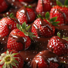 Red strawberries in melted chocolate