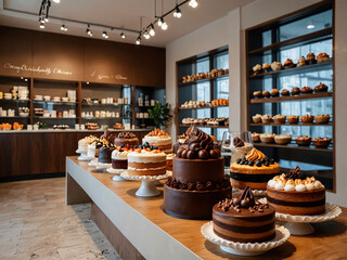 A modern, well-lit bakery displays a variety of intricately designed cakes on tables.