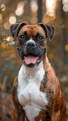 Fototapeta premium A brown and white dog is sitting in a forest, lifestyle