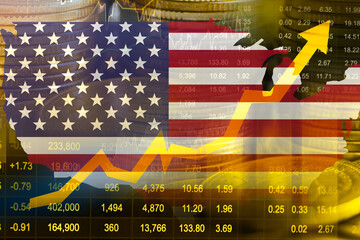 US America flag with stock market finance, economy trend graph digital technology.