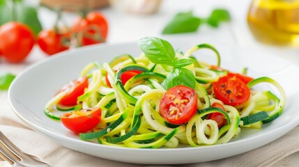 noodles tossed in a homemade marinara sauce with cherry tomatoes and fresh basil.