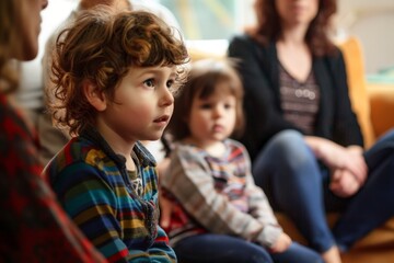 Therapist listens to child in group sitting scene, A therapist listening intently to a young child as the rest of the family looks on