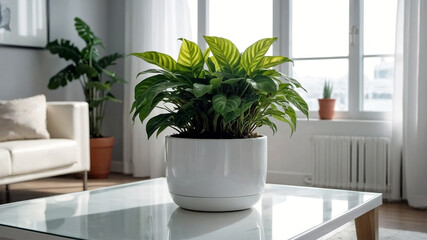 plants on a white plant pot in a condominium, growing plants in a Modern Condominium, eco, green plants, Nature in a City life, close-up plants in a white condominium.