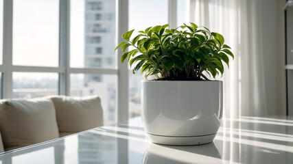 Fototapeta premium plants on a white plant pot in a condominium, growing plants in a Modern Condominium, eco, green plants, Nature in a City life, close-up plants in a white condominium.
