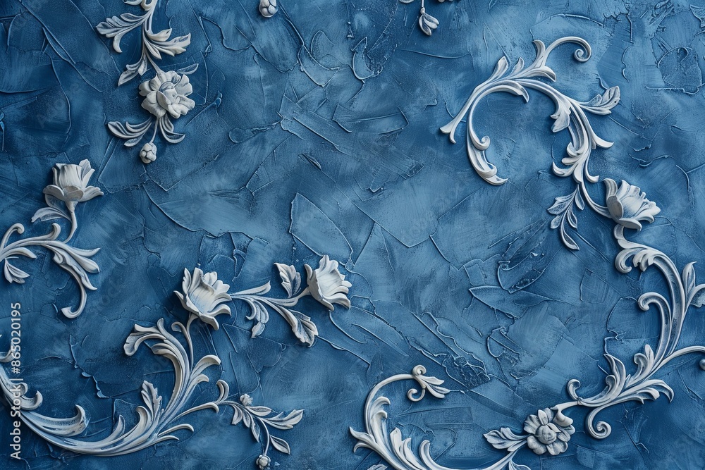 Poster Classic Blue Background with Delicate Baroque Stucco Floral Patterns: Timeless Beauty A classic blue background