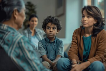 Obraz premium A therapist listens intently to a young child during a group session, A therapist listening intently to a young child as the rest of the family looks on