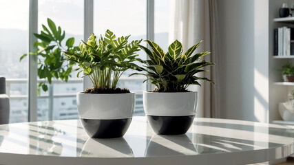 plants on a white plant pot in a condominium, growing plants in a Modern Condominium, eco, green plants, Nature in a City life, close-up plants in a white condominium.