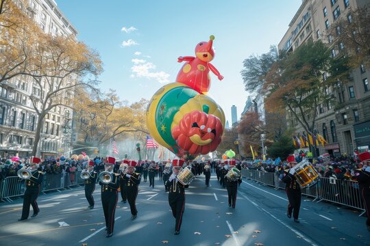 A parade featuring a large balloon with a giraffe floating down the street among festive participants, A Thanksgiving parade with giant balloons and marching bands