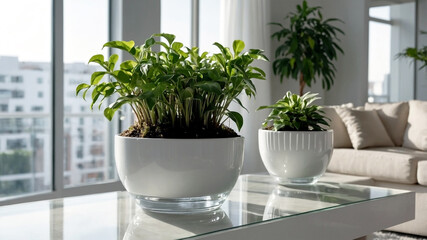 Fototapeta premium plants on a white plant pot in a condominium, growing plants in a Modern Condominium, eco, green plants, Nature in a City life, close-up plants in a white condominium.
