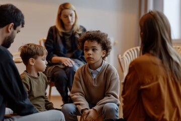 A therapist attentively listening to a young child in a group of people sitting in a circle, A therapist listening intently to a young child as the rest of the family looks on