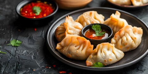 Traditional Nepali momos served with tomato chutney on a plate. Concept Nepali Cuisine, Momos, Tomato Chutney, Plate Presentation