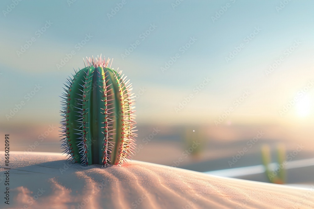 Poster Solitary Cactus Rising Amidst Vast Minimalist Desert Landscape in Cinematic Lighting