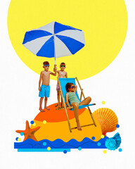 Poster. Contemporary art collage. Children enjoying sunny day. Little girl sunbathing on chair and her friends holding umbrella for her. Concept of beach holidays, tourism, childhood, summertime. Ad
