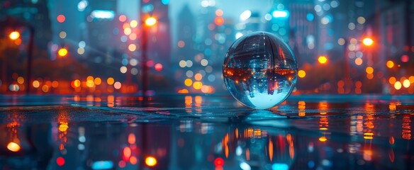 Glass ball with a reflection of a blurred sunset city lights in it on a reflective surface with a blurry background.