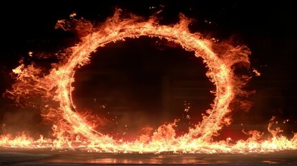 Intense circular inferno blazes against pitch-black backdrop. Fiery ring pulses with orange and yellow flames, emitting sparks and embers. Center reveals dark void, suggesting mystical gateway. 