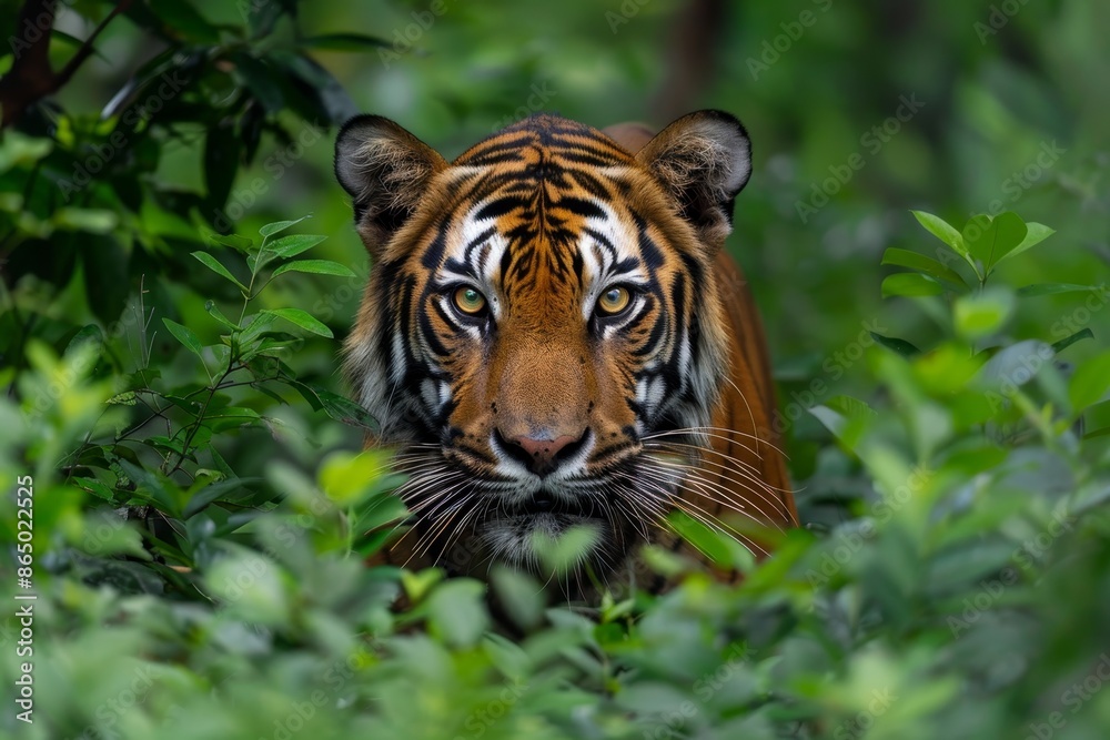 Wall mural A tiger gracefully moving through the dense foliage of a vibrant green forest, A tiger prowling through the underbrush