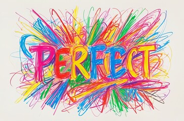 Colorful scribbles text Perfect in chaotic wax crayon drawing style