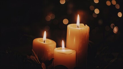 Candles illuminated against a dark backdrop